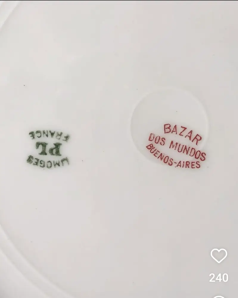 Sellos del importador Bazar Dos Mundos Buenos Aires y del fabricante francés PL Limoges en la base de la vajilla