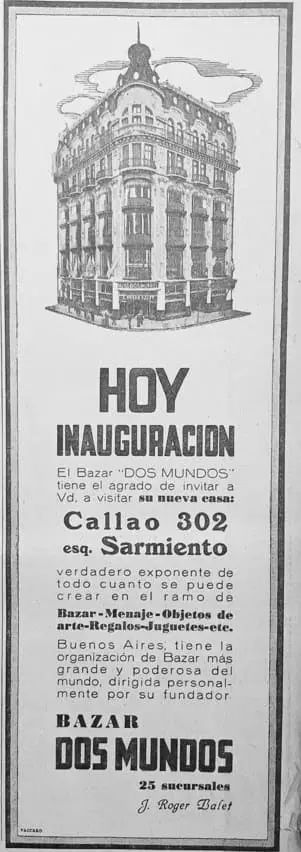 Click to enlarge historical photograph 1938 advertisement for the inauguration of Bazar Dos Mundos at Callao 312 corner Sarmiento