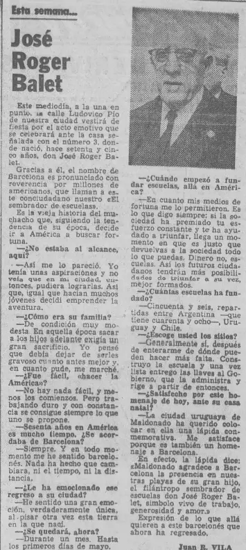 Hemeroteca española: Hoja del Lunes (8 de abril de 1965), noticia sobre José Roger Balet