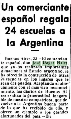 Hemeroteca española: El Adelantado de Segovia (11 de noviembre de 1942), recorte 1 sobre las escuelas donadas por José Roger Balet