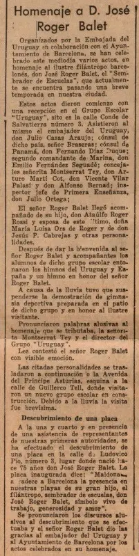 Hemeroteca española: Hoja Oficial de la Provincia de Barcelona (5 de abril de 1965), recorte sobre homenaje a José Roger Balet
