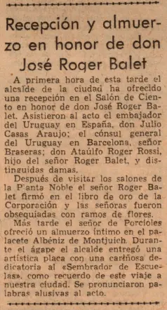 Hemeroteca española: Hoja Oficial de la Provincia de Barcelona (5 de abril de 1965), recepción y almuerzo en honor de don José Roger Balet