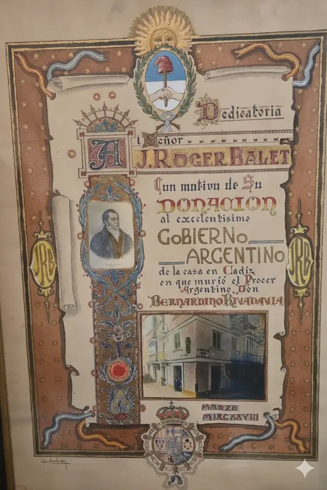 Click to enlarge historical photograph Original diploma presented to José Roger Balet commemorating the donation of the House of Bernardino Rivadavia in Cádiz