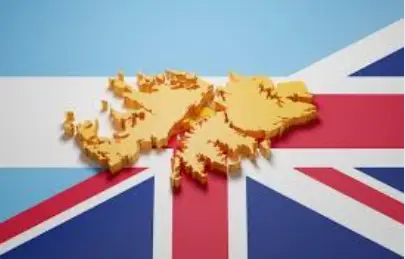 Click to enlarge historical photograph Flags of Argentina and the United Kingdom over the Falkland Islands (Islas Malvinas)