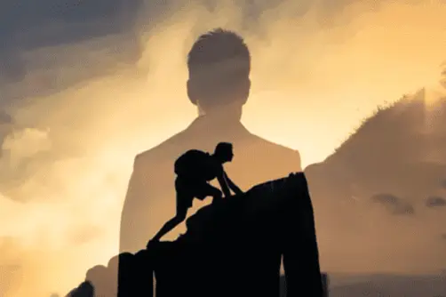 Click to enlarge historical photograph Illustration of a man climbing, representing the section Moral Vision and Social Commitment