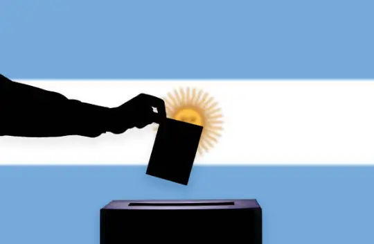 Click to enlarge historical photograph Illustration of a citizen casting a ballot in a ballot box with the flag of Argentina in the background