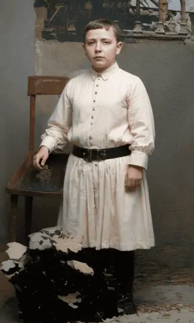 Click to enlarge historical photograph José Roger Balet as an altar boy at the Church of Almenar at age 9 (AI restored)