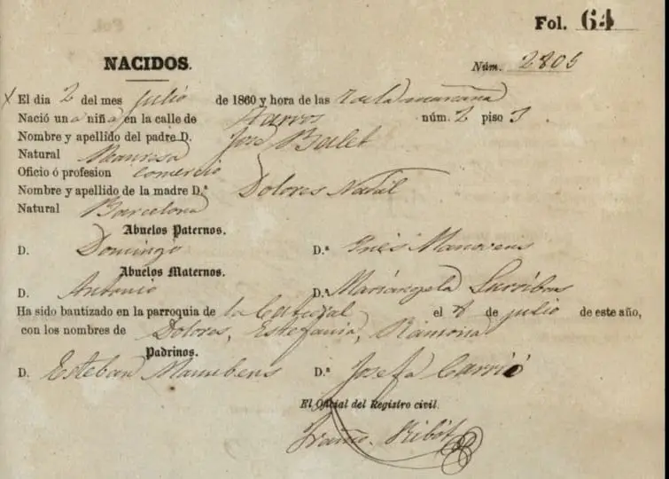 Click to enlarge historical photograph Birth certificate of Dolores Balet Nadal (1860–1952), mother of José Roger Balet