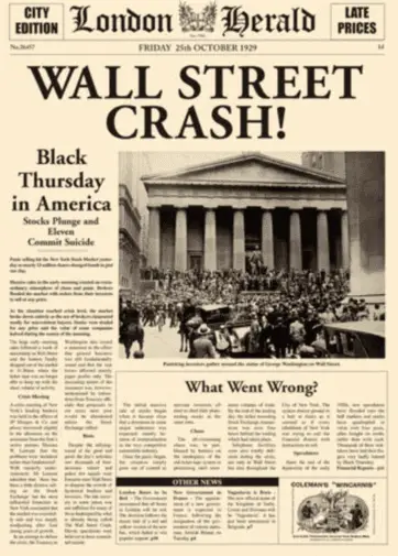 Click to enlarge historical photograph Newspaper front page reporting the Wall Street Crash of 1929