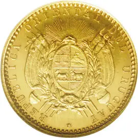 Click to enlarge historical photograph Reverse side of the 1 gold peso coin in Montevideo, Uruguay